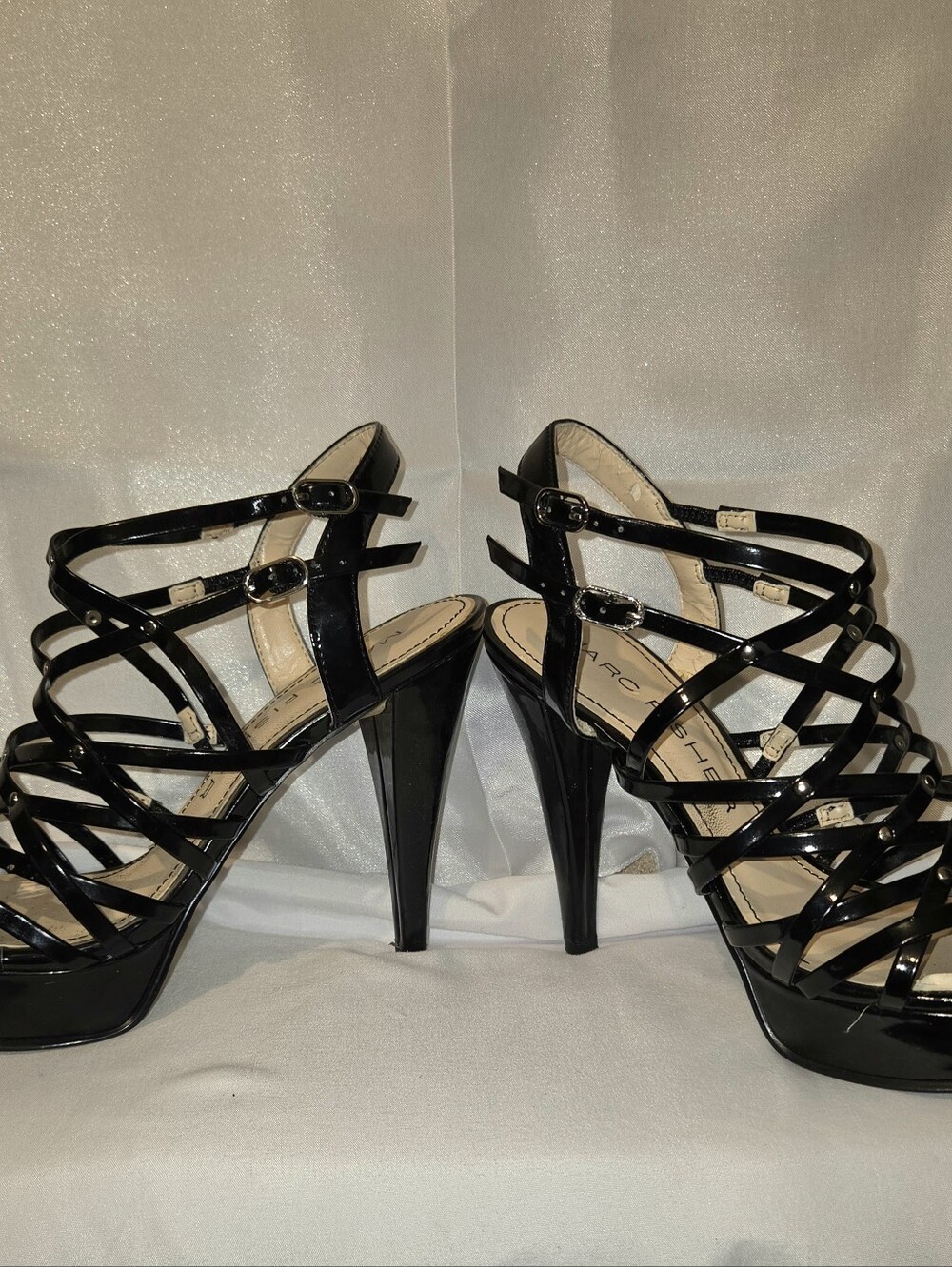 Marc Fisher Black Patent Strappy Platform Heels. 7